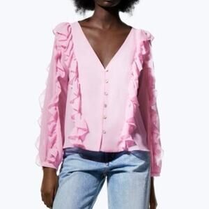 ZARA Bubblegum Pink Ruffles Ruffle V-Neck Blouse Abalone Shell Buttons L/S